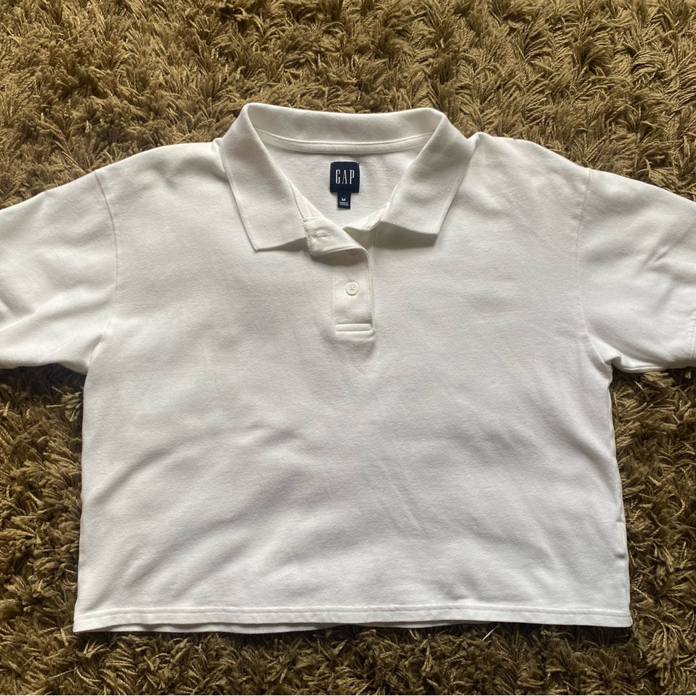 Women’s GAP Short Sleeve Cropped White Polo Top Pique Boxy Relaxed